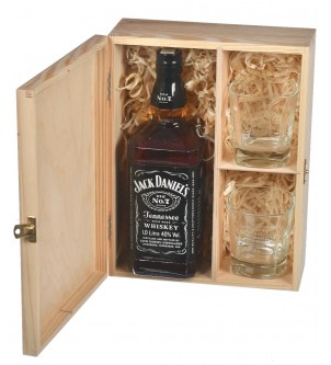 Wooden box for bottle of alkohol and 2 glasses