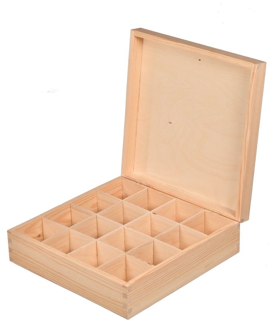 Drewniane pudełko na herbatę 16 przegród DECOUPAGE