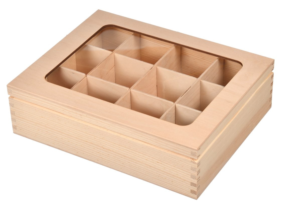 Pudełko drewniane na herbatę 12 przegród z szybką