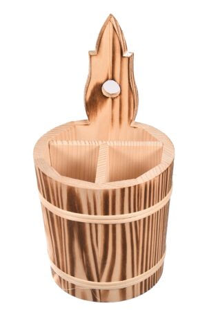 Drewniana beczka na sztućce z rączką