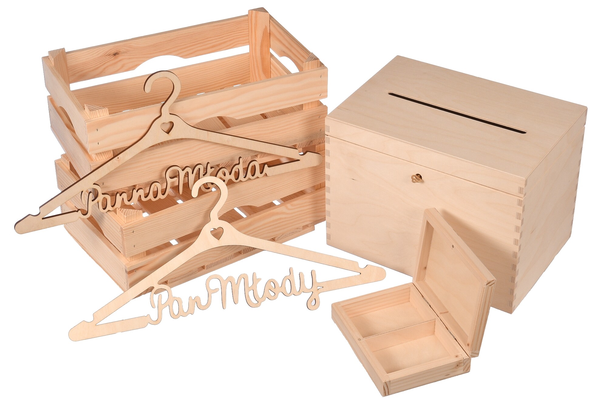 Zestaw ślubny 6 w 1 skarbonka średnia wieszaki