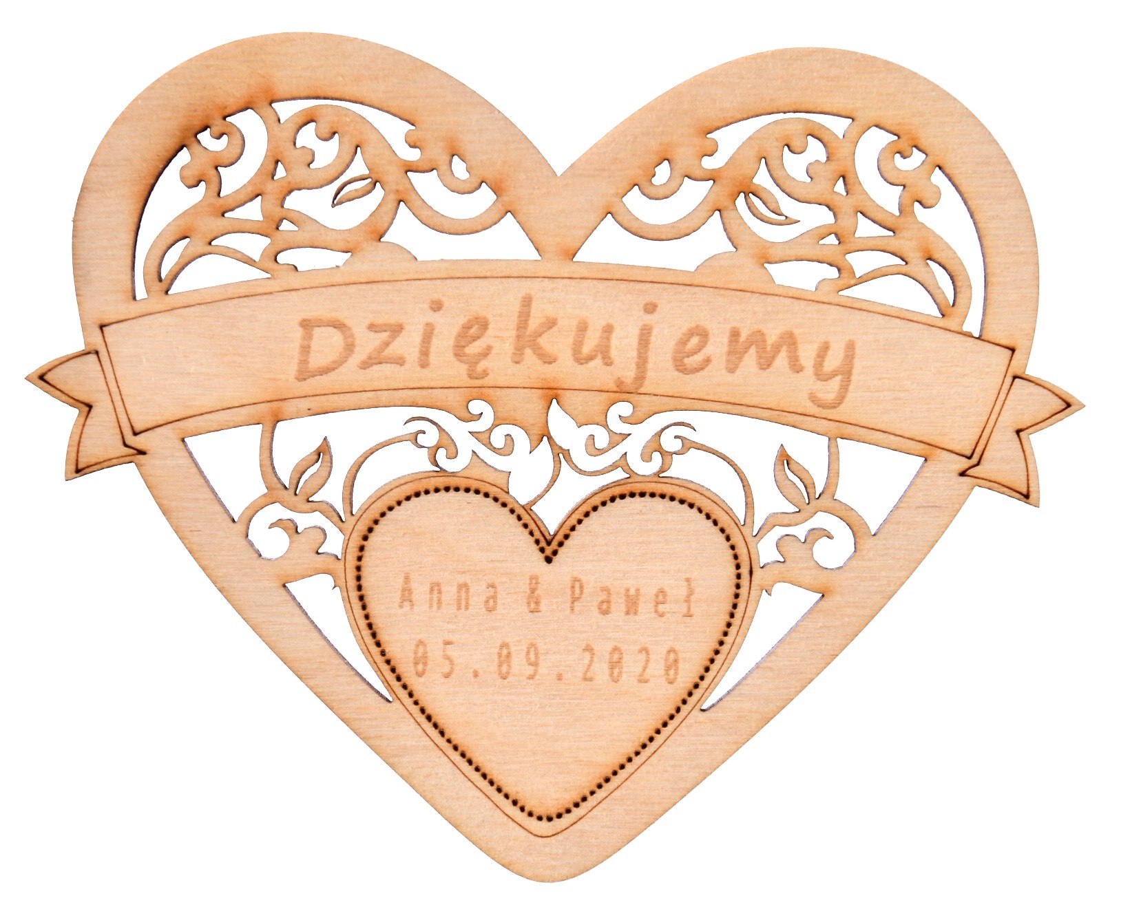 Drewniane serce na podziękowanie z grawerem Ślub Wesele