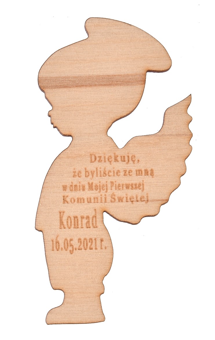 Drewniany magnes aniołek podziękowanie dla gości komunijnych
