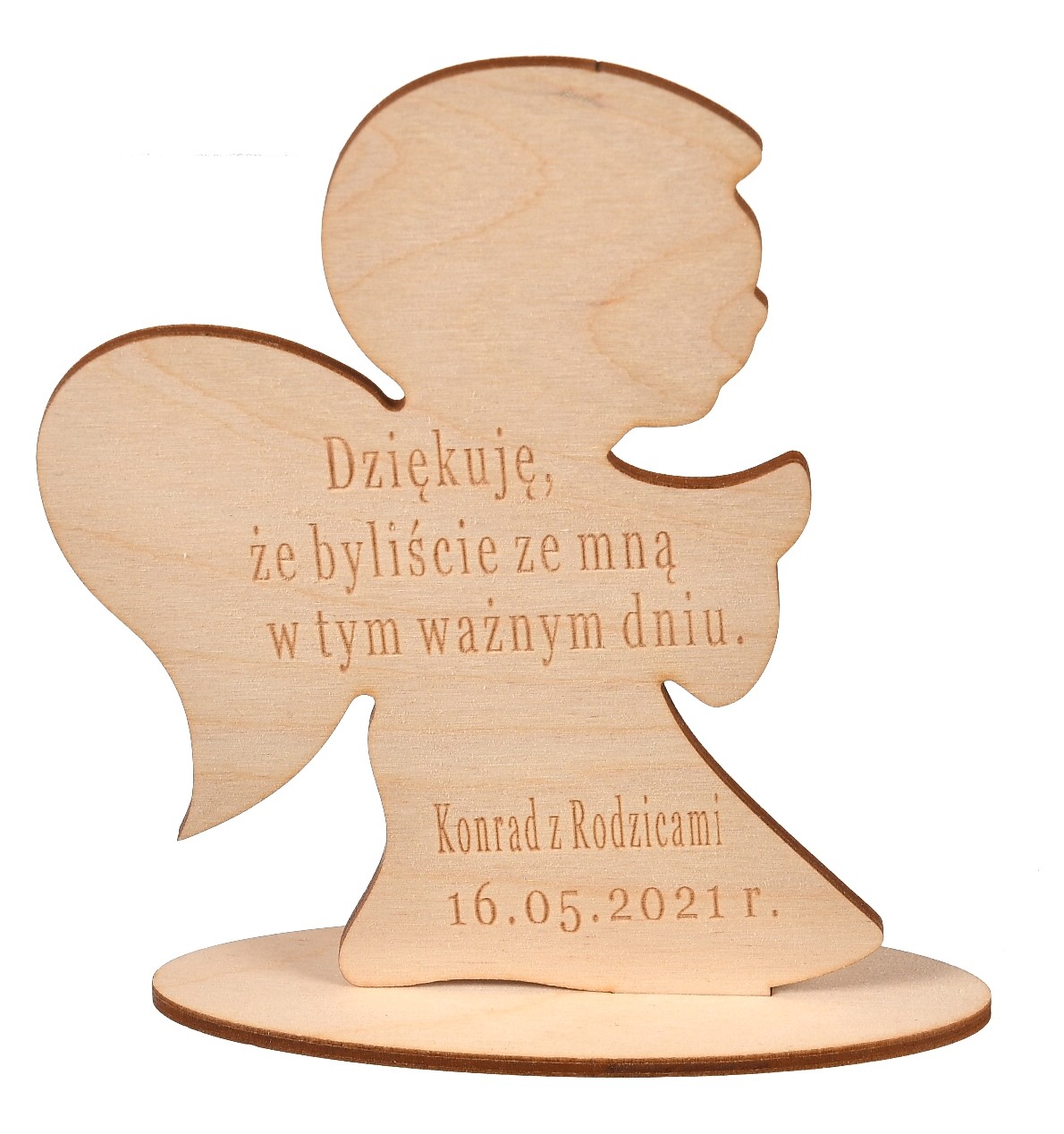 Drewniany aniołek z grawerem podziękowanie dla gości Komunia
