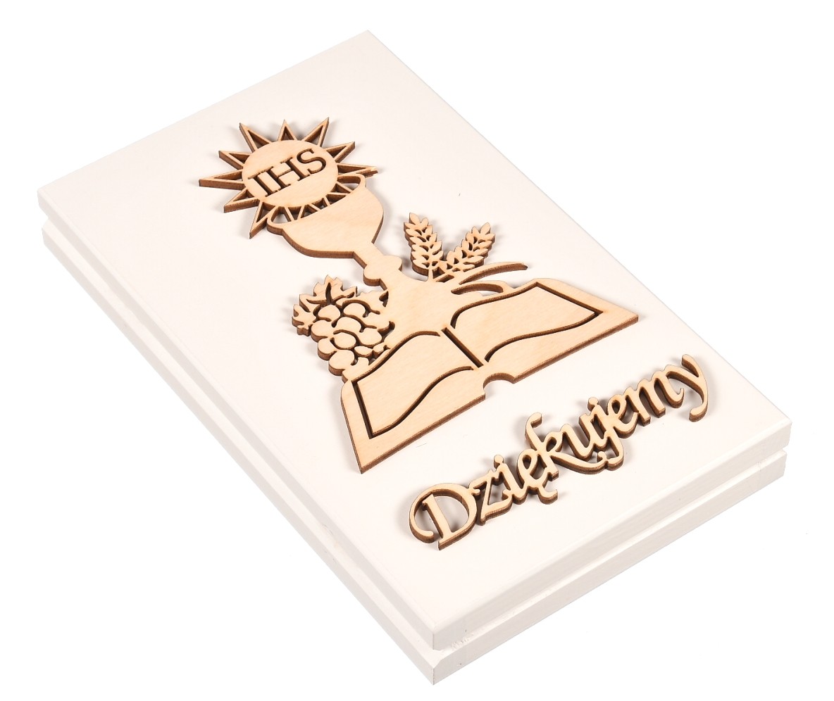 Białe drewniane pudełko podziękowanie