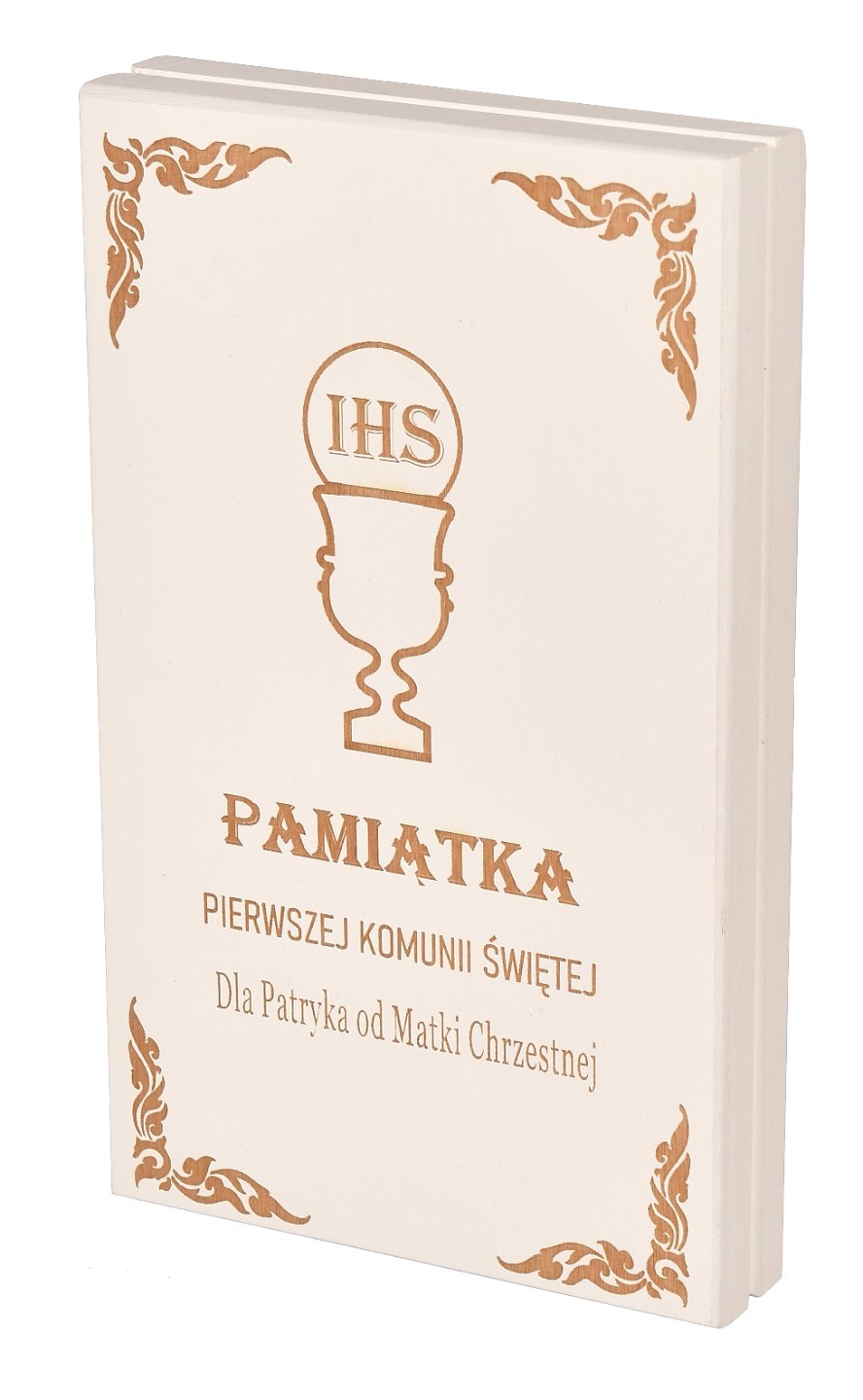 Białe drewniane pudełko Pamiątka Pierwszej Komunii Świętej