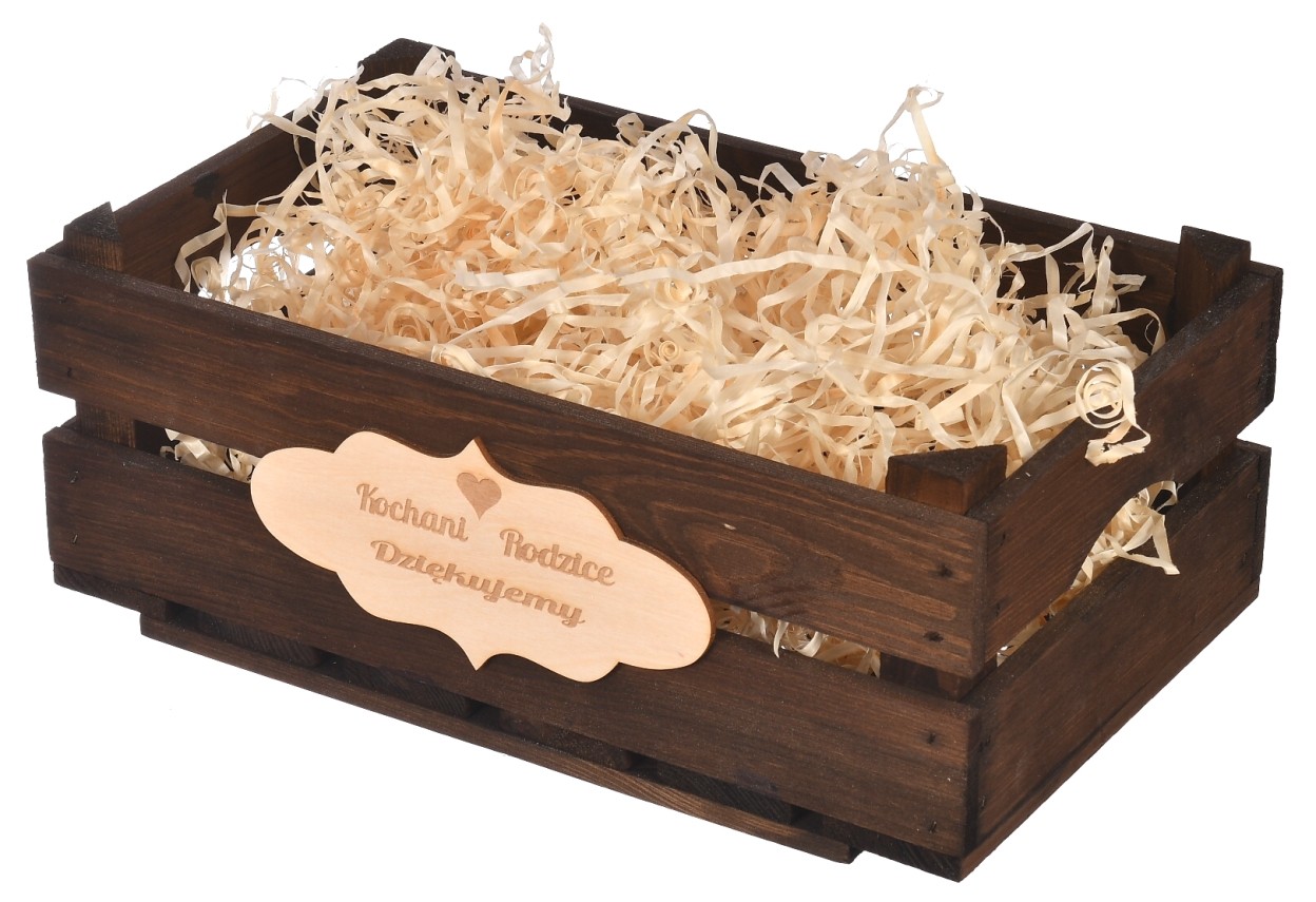 Brązowa drewniana skrzynka na podziękowania dla rodziców