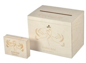 Zestaw ślubny pudełko na koperty i na obrączki z grawerem