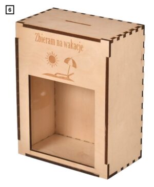 Drewniana skarbonka z szybką i grawerem