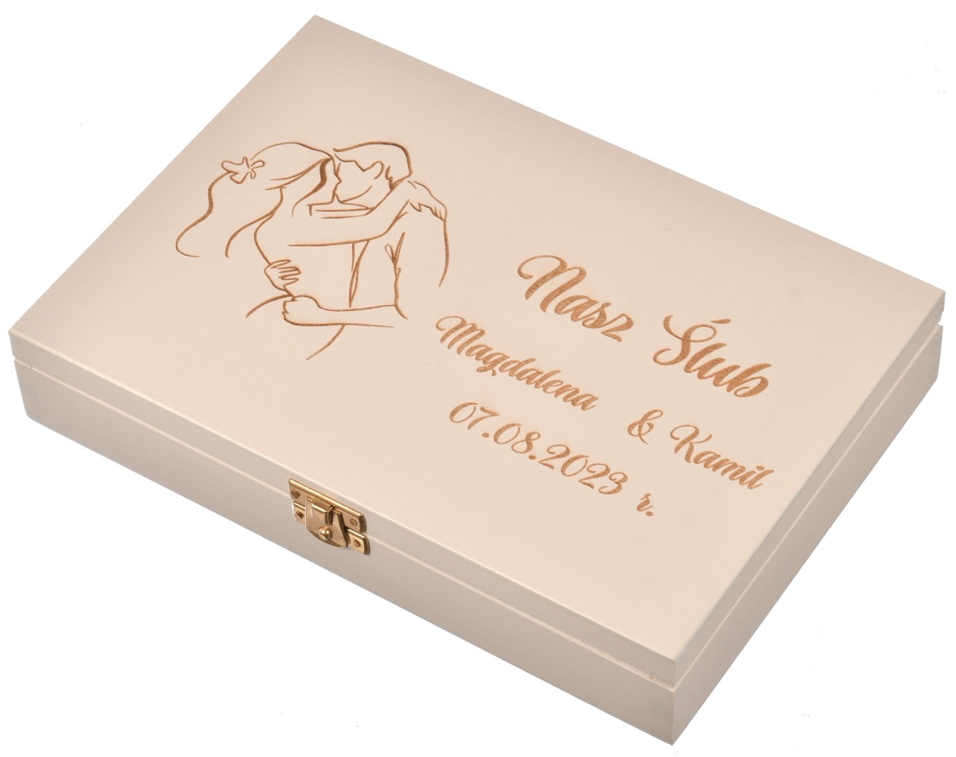 Drewniane pudełko na zdjęcia pamiątka ślubu