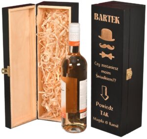 Zaproszenie dla świadka drewniane pudełko na alkohol