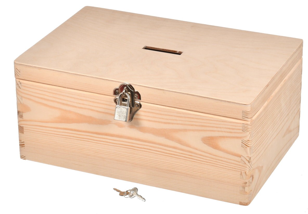 Duża drewniana skarbonka z kłódką
