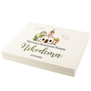 Pamiątka komunii personalizowane pudełko drewniane na merci