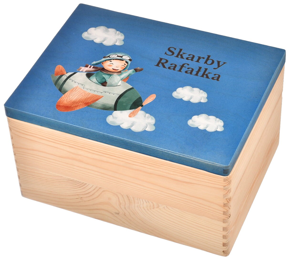 Drewniana skrzynka z wiekiem do pokoju dziecięcego - niebieska