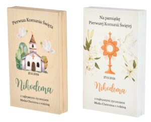 Białe pudełko z życzeniami z okazji Pierwszej Komunii Świętej z imieniem