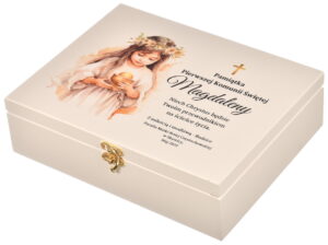 Drewniane pudełko prezent na Komunię Świętą nadruk UV