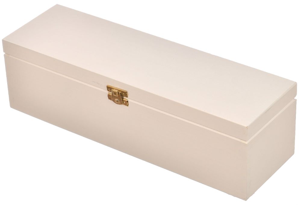 Skrzynka drewniana z klapą z metalowym zapięciem malowana na biało na butelkę wina