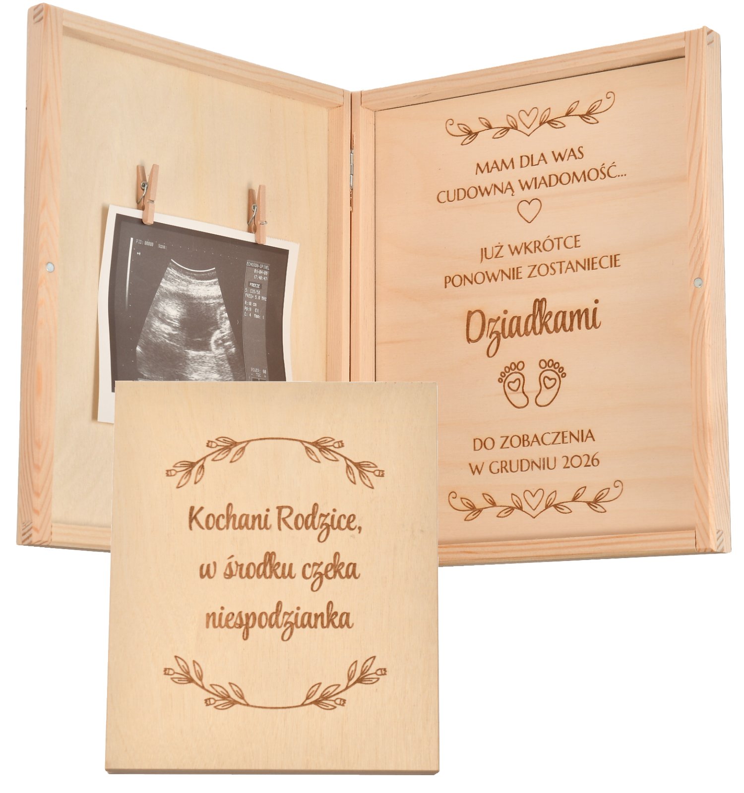 Personalizowane drewniane pudełko na ogłoszenie ciąży – prezent dla rodziców „Zostaniecie dziadkami”