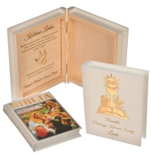 Biblia na Komunię z Personalizacją w Drewnianym Pudełku z Lustrzanym Dekorem