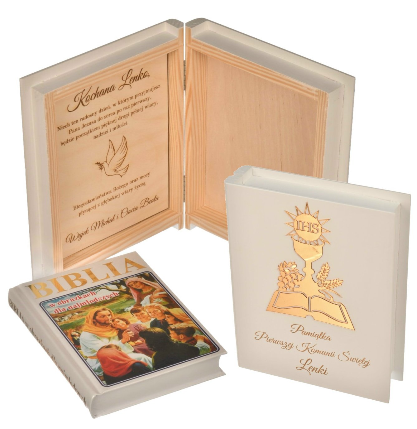 Biblia na Komunię z Personalizacją w Drewnianym Pudełku z Lustrzanym Dekorem