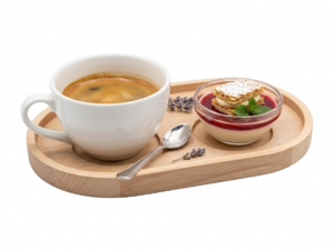 Drewniana tacka do serwowania kawy, herbaty i deserów – gastronomiczna